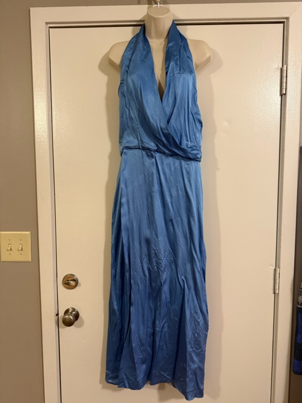 Zara Satin Effect Midi Dress Blue Plunge Wrap Halter Blogger Favorite XXL NWT - Picture 11 of 16